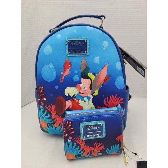 Loungefly Disney Pinocchio Mini Backpack Bag Underwater With Wallet NEW main image 7